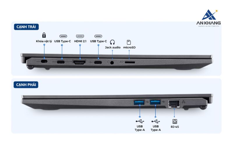 Laptop Acer Aspire Go 14 AI AG14-71M-52LH NX.JF5SV.001 trang bị đầy đủ cổng kết nối, tương thích đa thiết bị