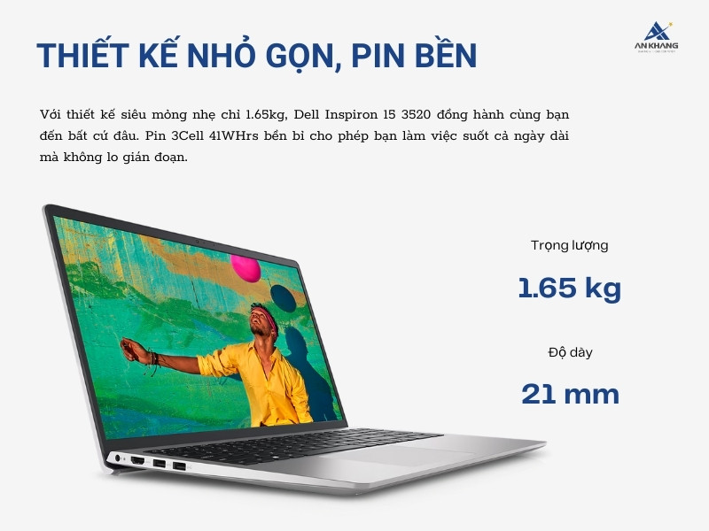 Máy tính Dell Inspiron 15 3520 N3520-i3U085W11SLU-KYHD với thiết kế nhỏ gọn, pin bền