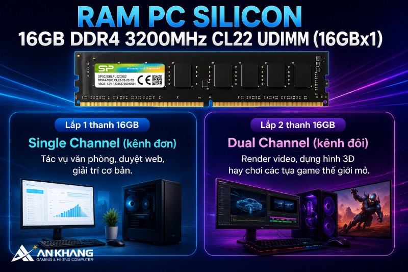 Ram PC Silicon Power 16GB DDR4 3200MHz hoàn toàn hỗ trợ công nghệ chạy kênh đôi (Dual Channel)