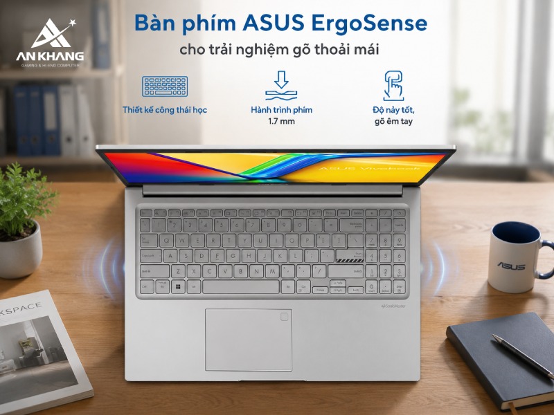 Bàn phím ASUS ErgoSense trên ASUS Vivobook 15 X1504VA-BQ285W được thiết kế êm ái, nhanh và chính xác