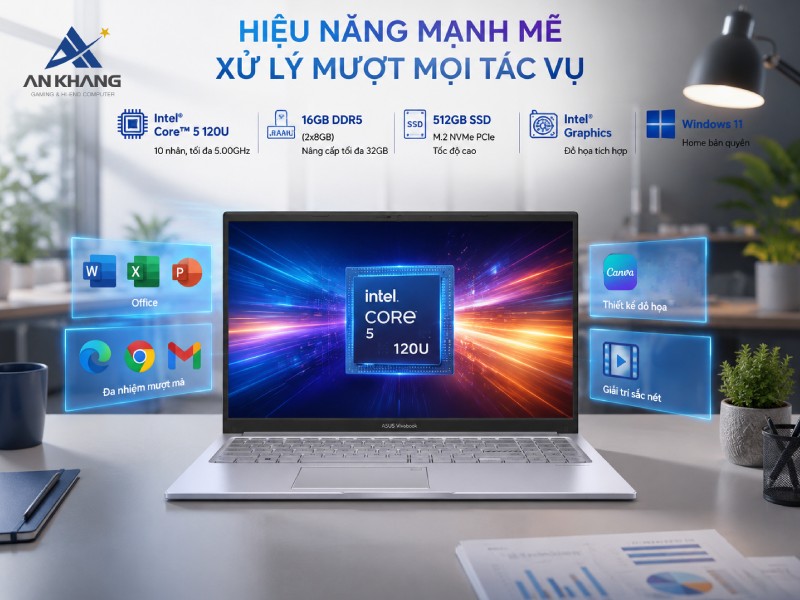 Laptop ASUS Vivobook 15 X1504VA-BQ285W mang hiệu năng mạnh mẽ với Intel Core 5 120U