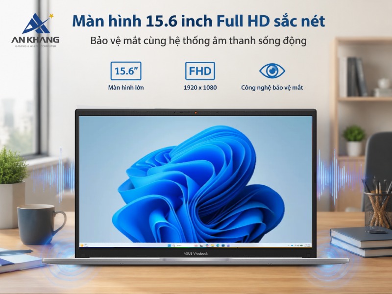 Hệ thống âm thanh và màn hình của ASUS Vivobook 15 X1504VA-BQ285W mang đến trải nghiệm giải trí và làm việc thoải mái