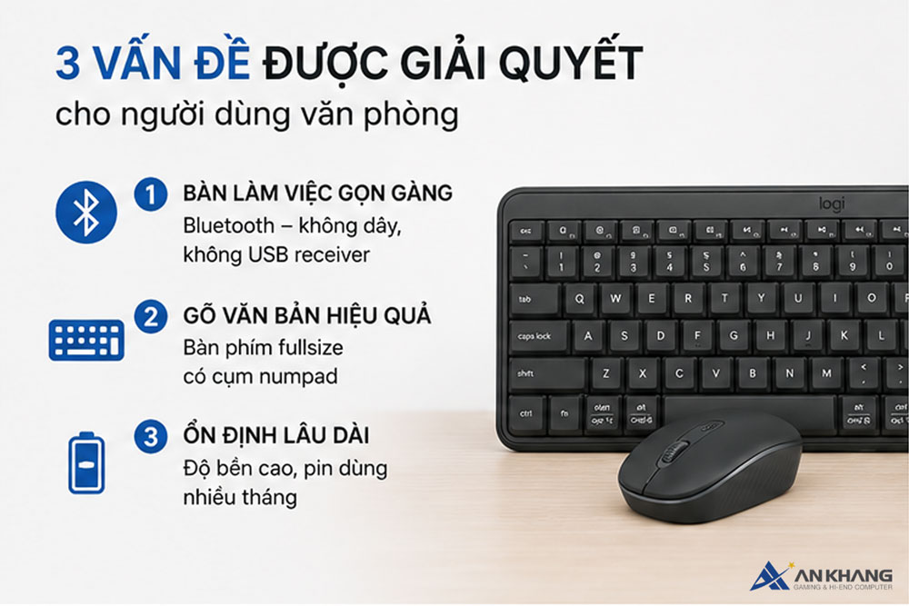 Kết nối Bluetooth ổn định, bàn phím fullsize Logitech MK251 tiện lợi và thời lượng pin bền bỉ.