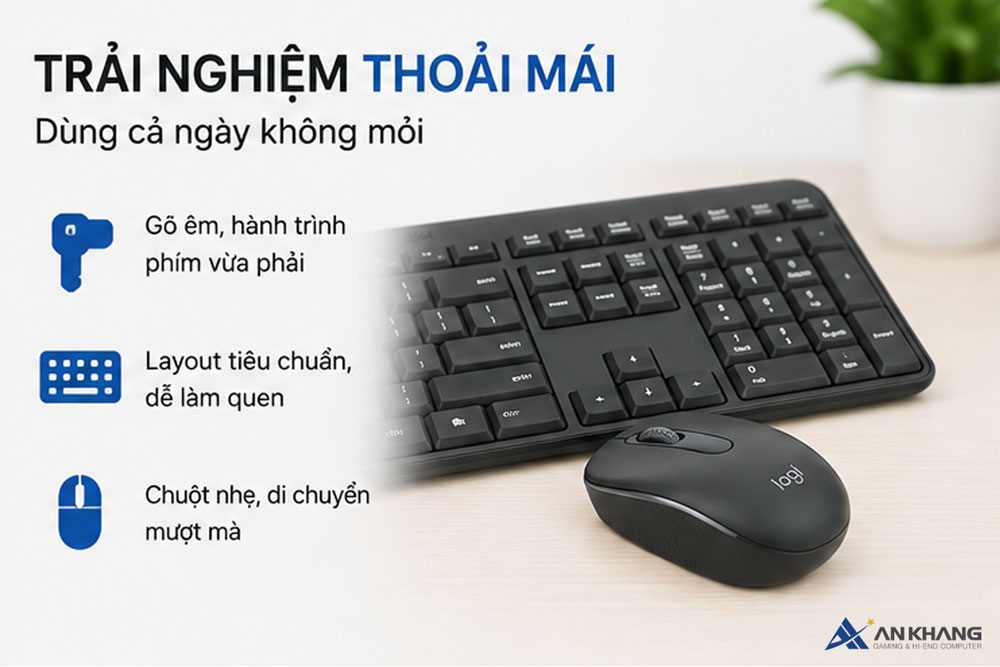 Bộ bàn phím chuột không dây Logitech MK251 mang đến trải nghiệm gõ phím êm ái cùng chuột không dây gọn nhẹ, di chuyển mượt mà.