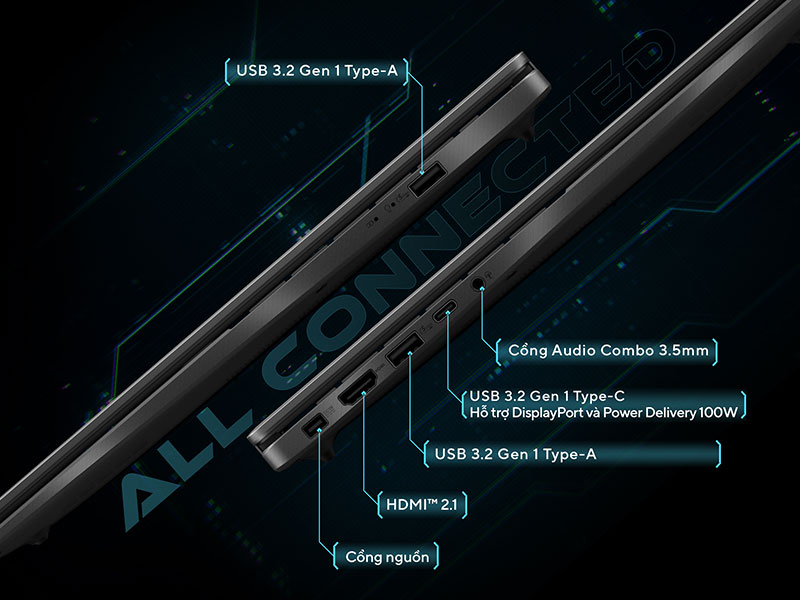 Hệ thống cổng kết nối phong phú và hiện đại trên ASUS Gaming V16 K3607VJ-RP092W