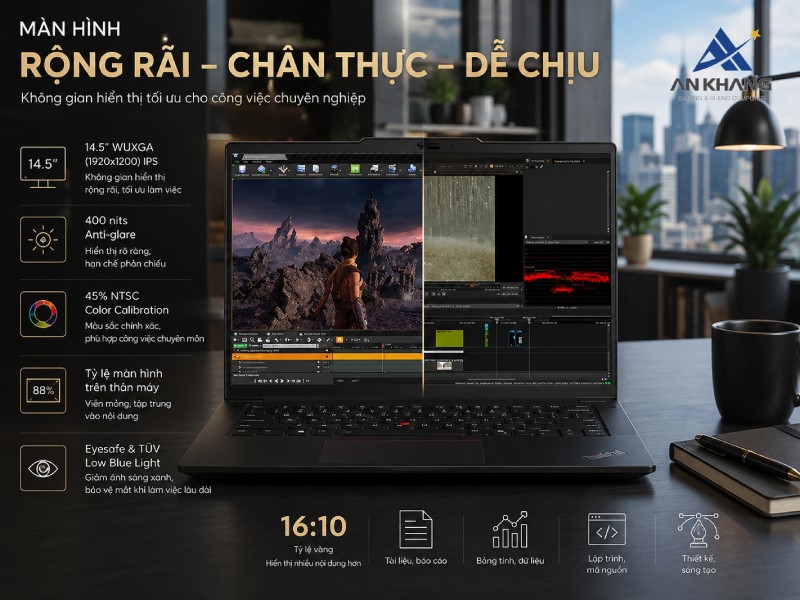 Không gian hiển thị rộng và tối ưu cho công việc trên Lenovo ThinkPad P14s Gen 6 21QT0059VA