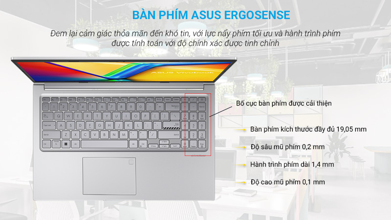 Laptop văn phòng Asus này sở hữu bàn phím ASUS ErgoSense