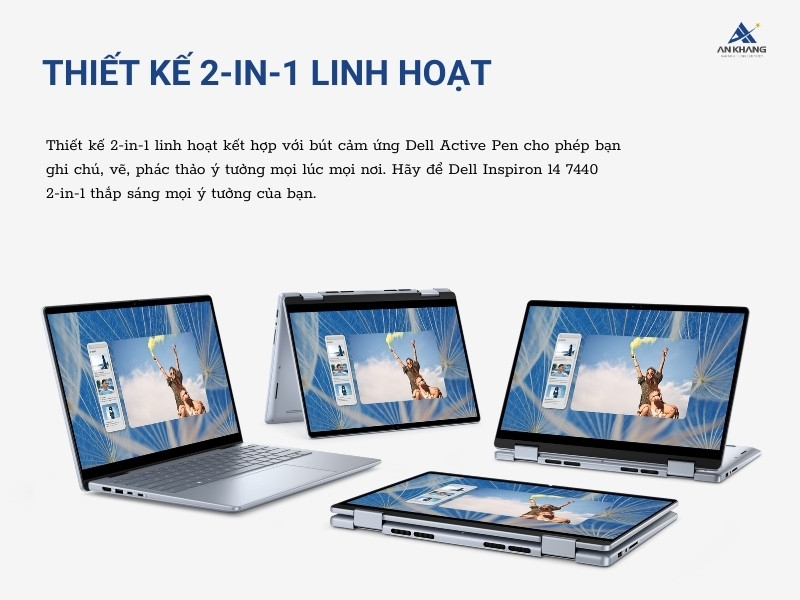 Dell Inspiron 14 7440 2-in-1 N7440-C7U161W11IBU với thiết kế 2-in-1 xoay 360 độ linh hoạt