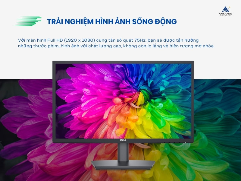 Màn hình Dell E2225HS với độ phân giải Full HD 75Hz cho hình ảnh mượt mà, sống động