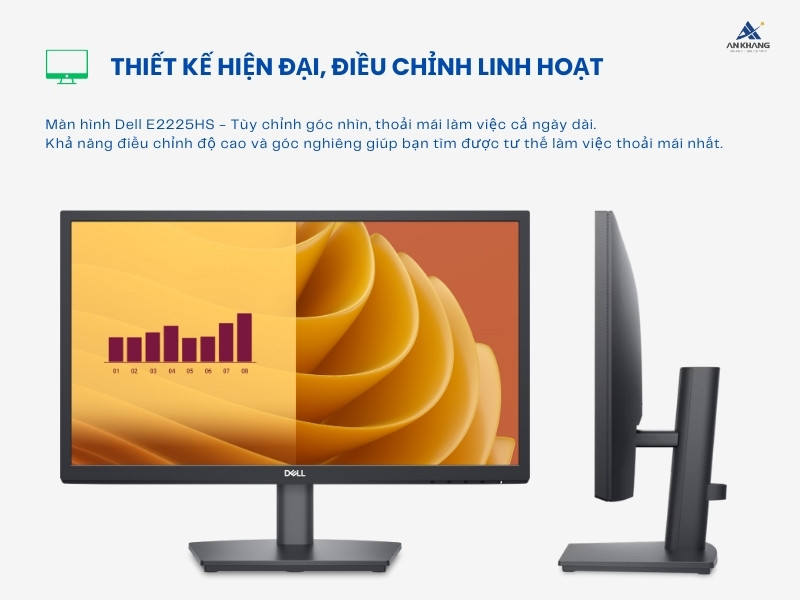 Màn hình LCD Dell E2225HS với thiết kế hiện đại, dễ dàng điều chỉnh