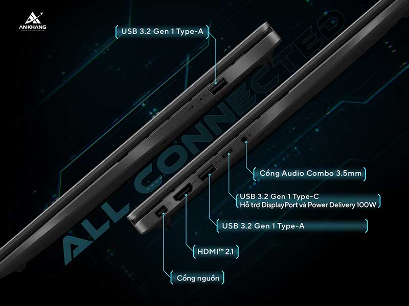 Laptop ASUS Gaming V16 V3607VH-RP025W trang bị kết nối đầy đủ, dễ d&agrave;ng tương th&iacute;ch