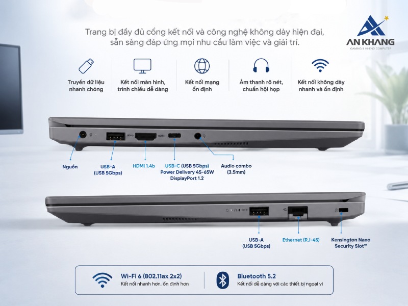 Đáp ứng nhu cầu làm việc hiện đại với các cổng kết nối đầy đủ trên laptop Lenovo V14 G5 IRL 83HD0038VA