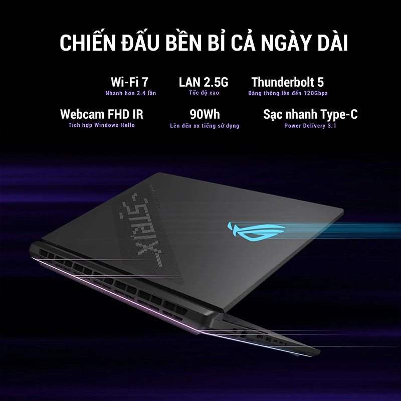 Strix SCAR 16 2025 vẫn đảm bảo khả năng hoạt động bền bỉ với viên pin dung lượng lớn 90Wh