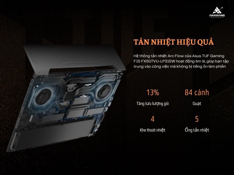 ASUS TUF Gaming F15 FX507VU-LP315W được trang bị hệ thống tản nhiệt Arc Flow™ tiên tiến