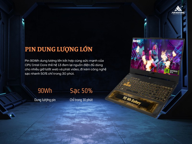 ASUS TUF Gaming F15 FX507VU-LP315W được trang bị viên pin 90Wh cho thời lượng sử dụng ấn tượng