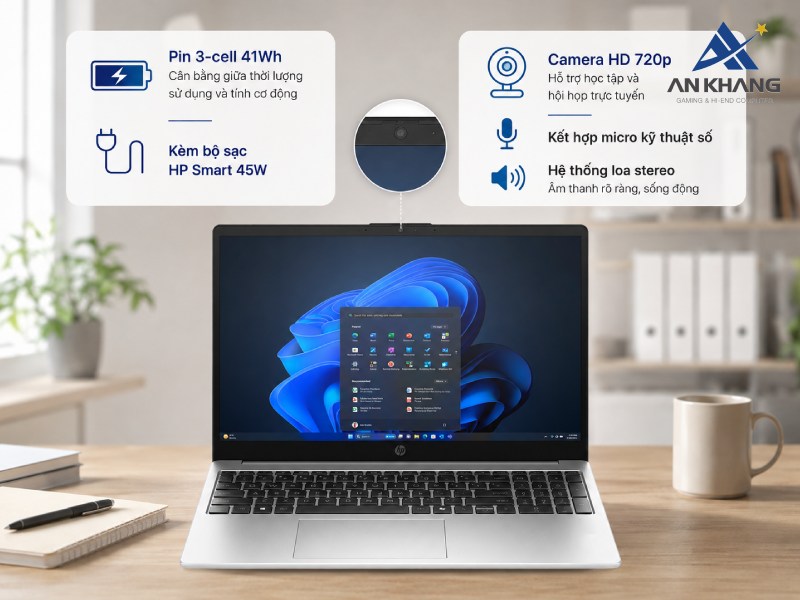 Laptop HP 250 G10 B3WA7AT trang bị viên pin 3-cell 41Wh và camera HD 720p
