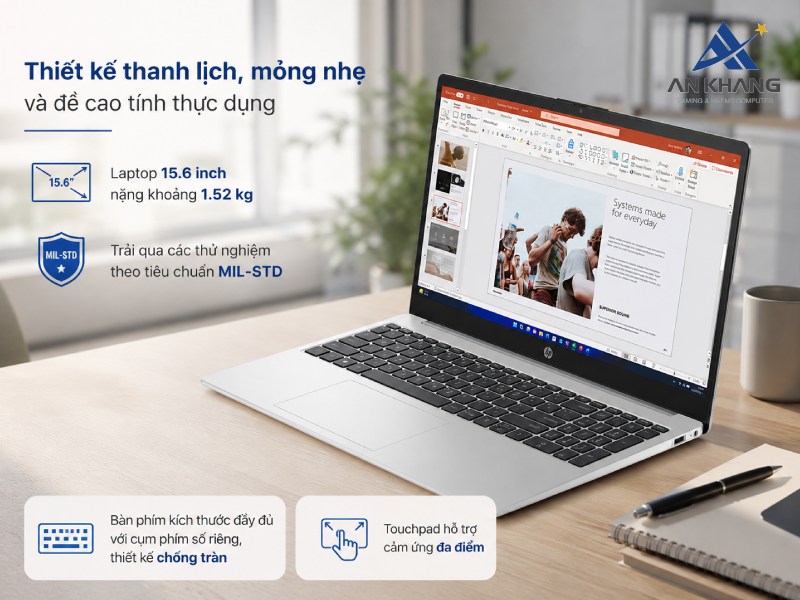 Laptop HP 250 G10 B3WA7AT mang thiết kế thanh lịch, mỏng nhẹ và bền bỉ cho thời gian sử dụng lâu dài