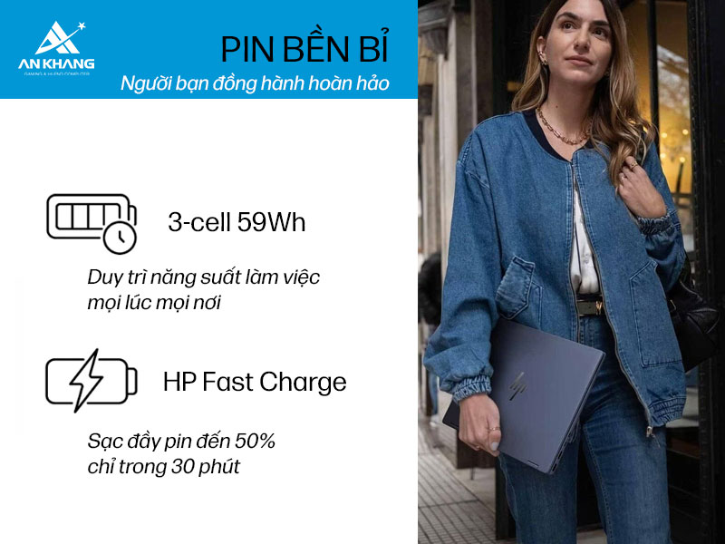 Laptop HP OmniBook X Flip 14-fm0076TU BZ7P6PA gi&uacute;p bạn l&agrave;m việc hiệu quả ở bất cứ đ&acirc;u nhờ vi&ecirc;n pin 3-cell bền bỉ c&ugrave;ng khả năng tối ưu điện năng