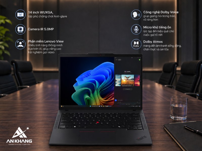 Lenovo ThinkPad T14 Gen 6 21QGS0HF00 sở hữu màn hình đáp ứng nhu cầu người dùng doanh nghiệp như soạn thảo tài liệu, quản lý dữ liệu, họp trực tuyến,...