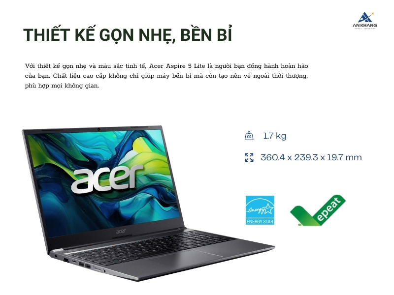 Laptop Acer Aspire 5 Lite AL15-51M-55NB nổi bật với thiết kế gọn nhẹ, bền bỉ