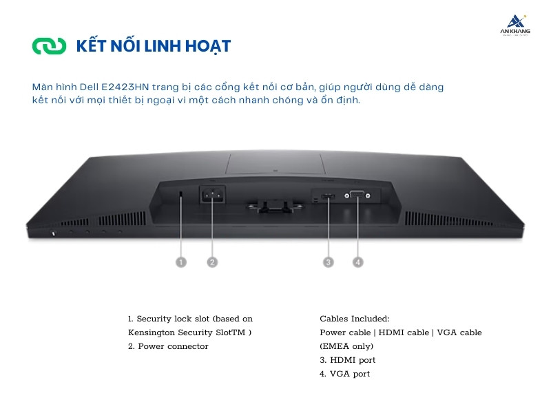 Màn hình Dell E2423HN trang bị các cổng kết nối cơ bản