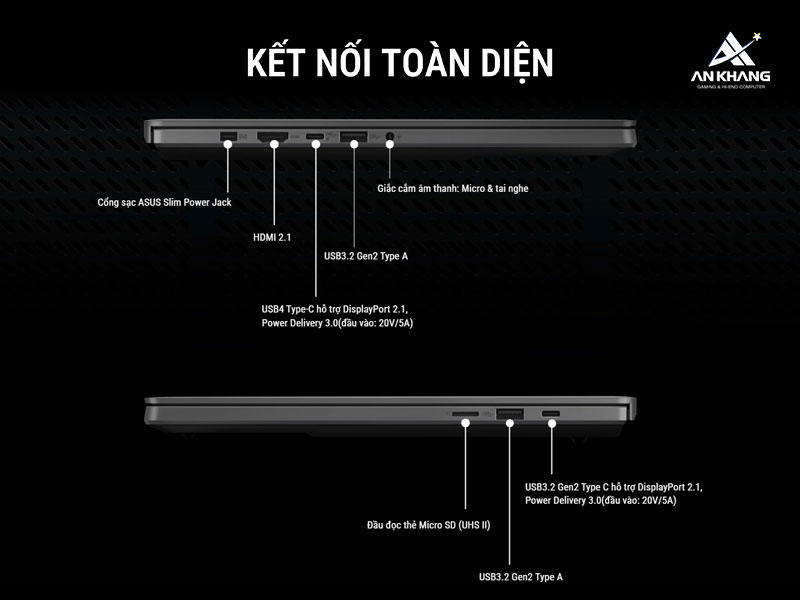 Laptop ASUS ROG Zephyrus G14 GA403WP-QS045WS cùng hệ thống cổng kết nối đầy đủ và hiện đại đảm bảo sự linh hoạt tối đa cho mọi nhu cầu