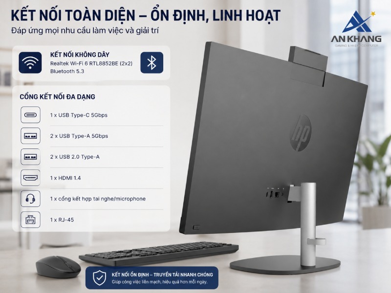 Trang bị hệ thống kế nối toàn diện trên HP ProOne 240 G10 AY2G5PT giúp kết nối ổn định và linh hoạt