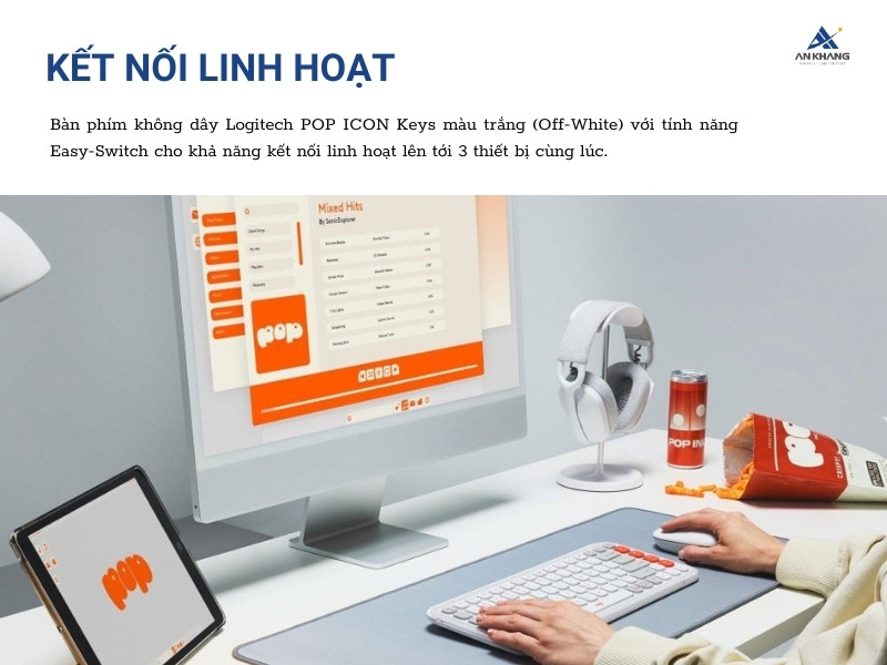 Bàn phím không dây Logitech POP ICON màu trắng (OFF-WHITE) kết nối đa thiết bị, đa nền tảng