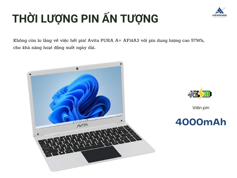 Laptop Avita PURA A+ AF14A3 với thời lượng pin dài, sạc nhanh