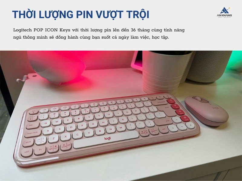 Bàn phím Logitech POP ICON Keys màu hồng (ROSE) với thời lượng pin lên tới 36 tháng