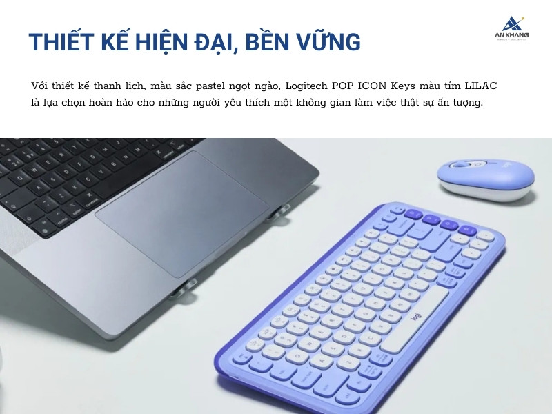 Bàn phím Logitech POP ICON Keys màu tím (LILAC) với thiết kế hiện đại và bền vững