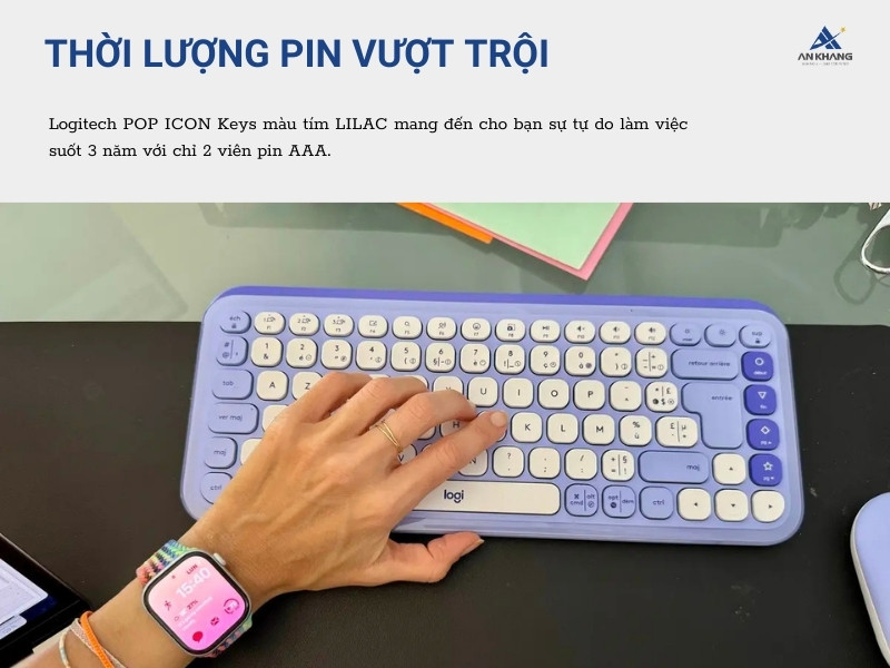 Bàn phím Logitech POP ICON Keys màu tím (LILAC) với thời lượng pin lên tới 3 năm