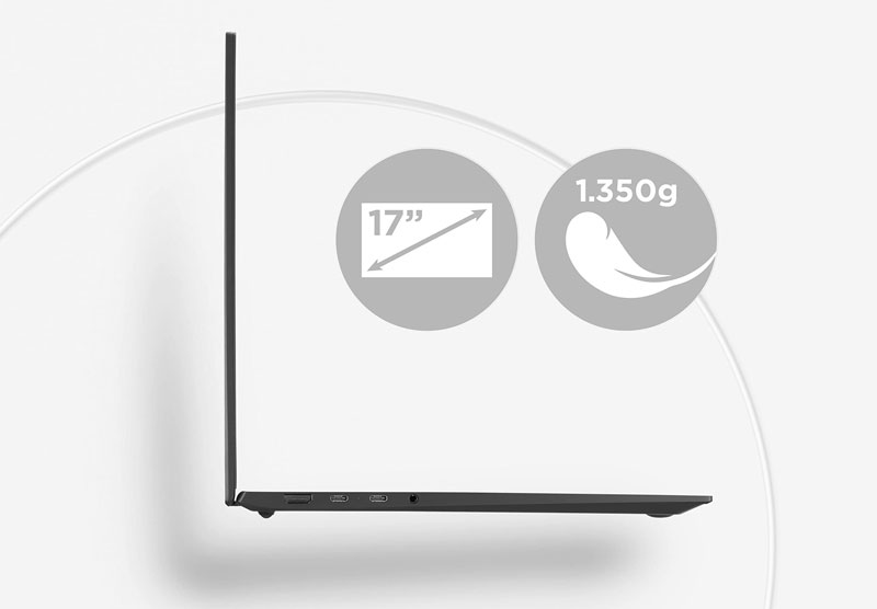 Mã laptop 17.0inch LG Gram 2023 17Z90R-G.AH78A5 này sở hữu trọng lượng còn nhẹ hơn cả laptop 13.3inch thông thường, chỉ 1.35kg