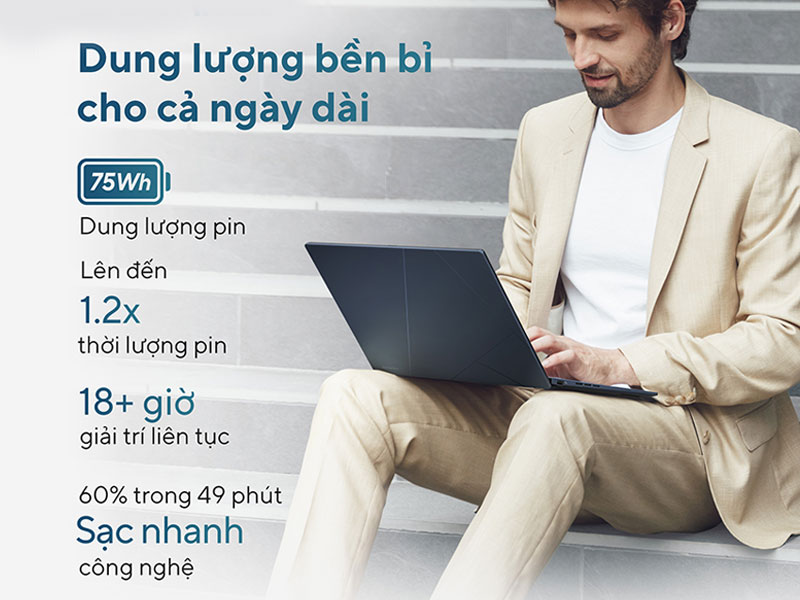 ASUS Zenbook 14 giúp làm việc và giải trí không gián đoạn với viên pin dung lượng lớn 75Wh
