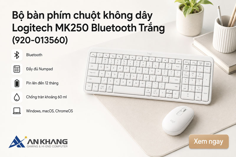 Bộ bàn phím chuột không dây Logitech MK250 Bluetooth Trắng (920-013560): Tối giản góc làm việc, không tối giản công năng