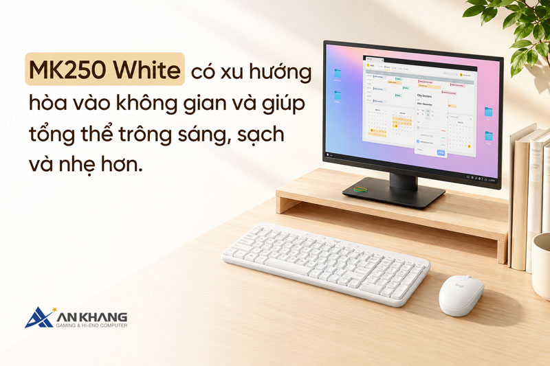 Logitech MK250 White có xu hướng hòa vào không gian và giúp tổng thể trông sáng, sạch và nhẹ hơn