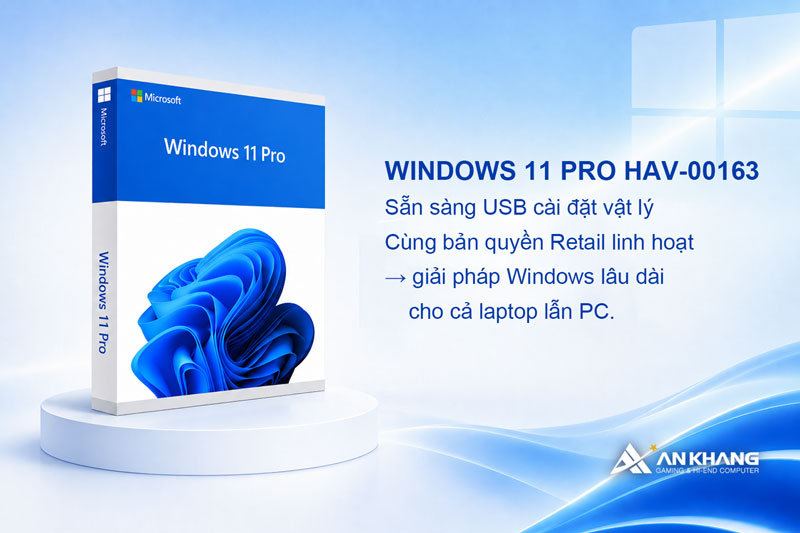 Windows 11 Pro HAV-00163 sẵn sàng USB cài đặt vật lý cùng bản quyền Retail linh hoạt – giải pháp Windows lâu dài cho cả laptop lẫn PC.