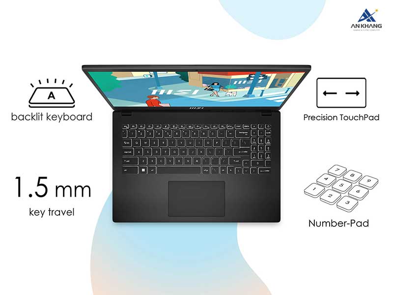 MSI Modern 15 H C13M 216VN được trang bị bàn phím Chiclet thao tác dễ dàng, chính xác