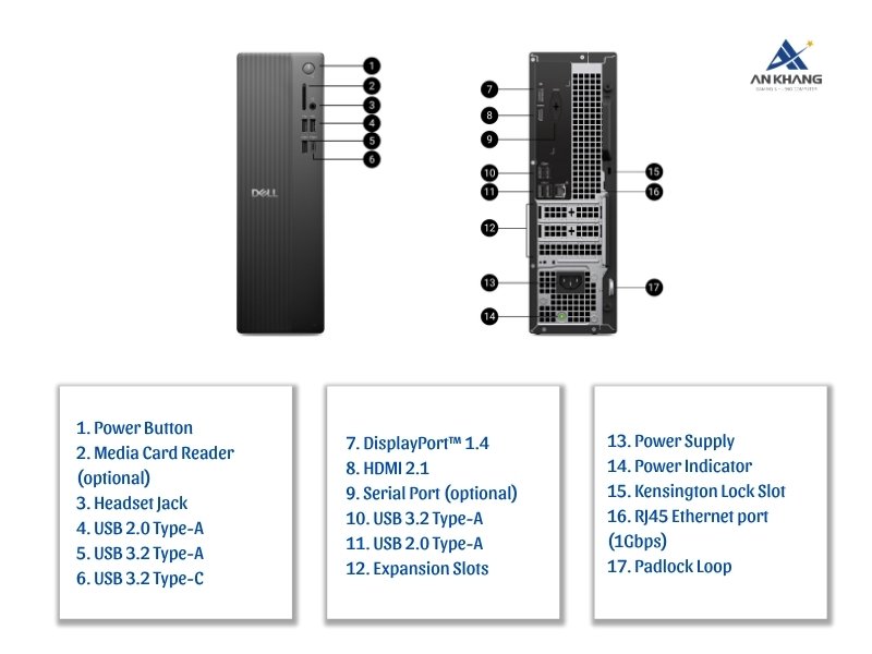 Máy tính để bàn Dell Pro Slim Essential QVS1260 QVS1260-14400-16512W kết nối phong phú cho mọi nhu cầu