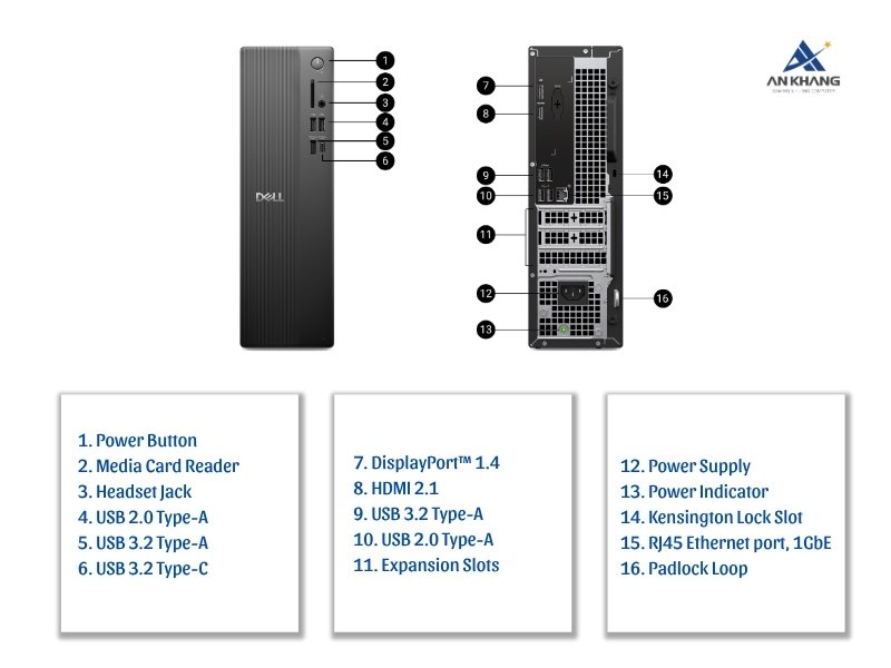 Máy tính để bàn Dell Slim ECS1250 71066639 trang bị đầy đủ cổng kết nối hiện đại