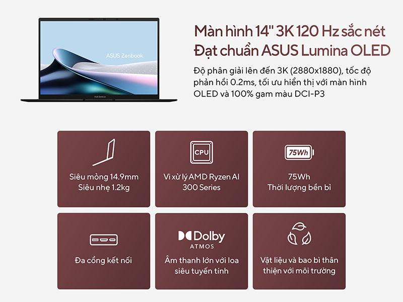 Laptop ASUS Zenbook 14 UM3406KA-PP113WS - Thế hệ Zen mới trang bị AI đột phá