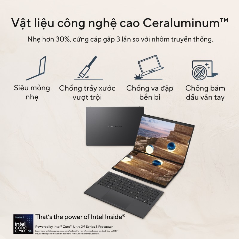 ASUS Zenbook DUO UX8407AA-SN138WS gọn nhẹ bất cứ đ&acirc;u với chất liệu vật liệu độc quyền ASUS Ceraluminum