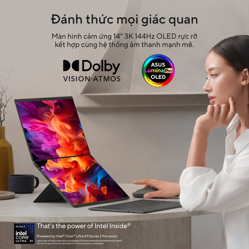 Laptop ASUS Zenbook DUO UX8407AA-SN138WS tạo kh&ocirc;ng gian l&agrave;m việc gấp đ&ocirc;i với hai m&agrave;n h&igrave;nh cảm ứng 14 inch độ ph&acirc;n giải 3K