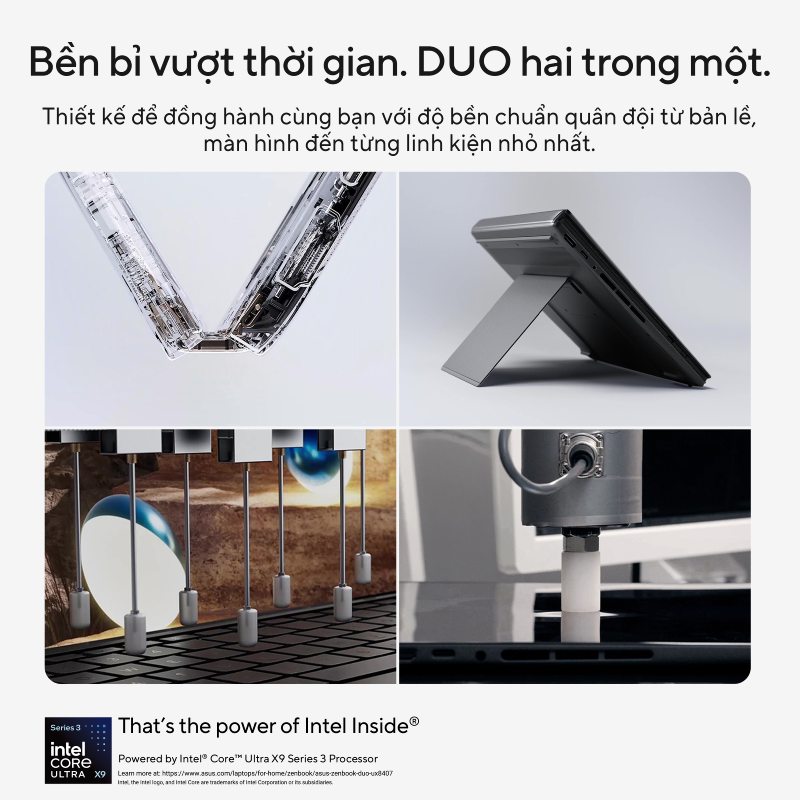 Bền bỉ đồng h&agrave;nh trong tương lai với thiết kế bền bỉ chuẩn qu&acirc;n đội từ bản lề, m&agrave;n h&igrave;nh đến từng linh kiện nhỏ nhất tr&ecirc;n laptop ASUS Zenbook DUO 2026