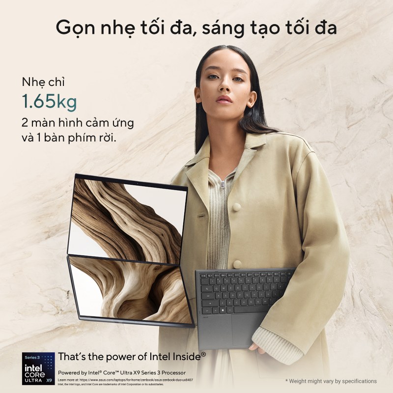 Với thiết kế gọn nhẹ c&ugrave;ng hiệu năng vượt trội, ASUS Zenbook DUO UX8407AA-SN138WS gi&uacute;p bạn s&aacute;ng tạo kh&ocirc;ng giới hạn ở bất kỳ đ&acirc;u