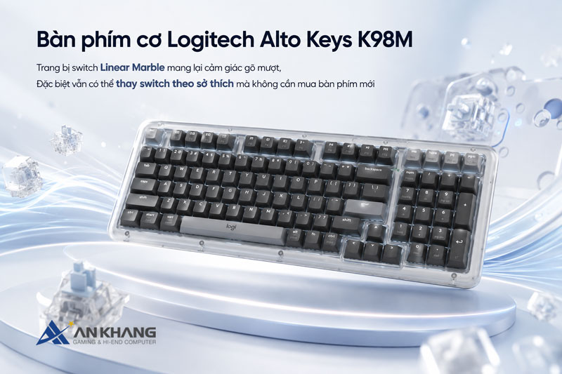 Bàn phím cơ Logitech Alto Keys K98M được trang bị switch Linear Marble mang lại cảm giác gõ mượt, vẫn có thể thay switch khi muốn