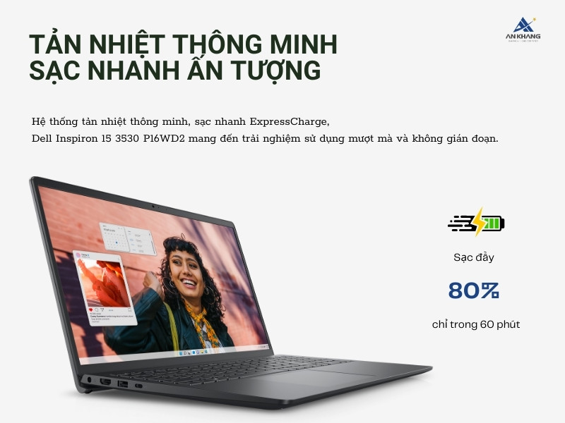 Laptop Dell Inspiron 15 3530 P16WD2 gây ấn tượng với tản nhiệt thông minh, sạc nhanh ấn tượng