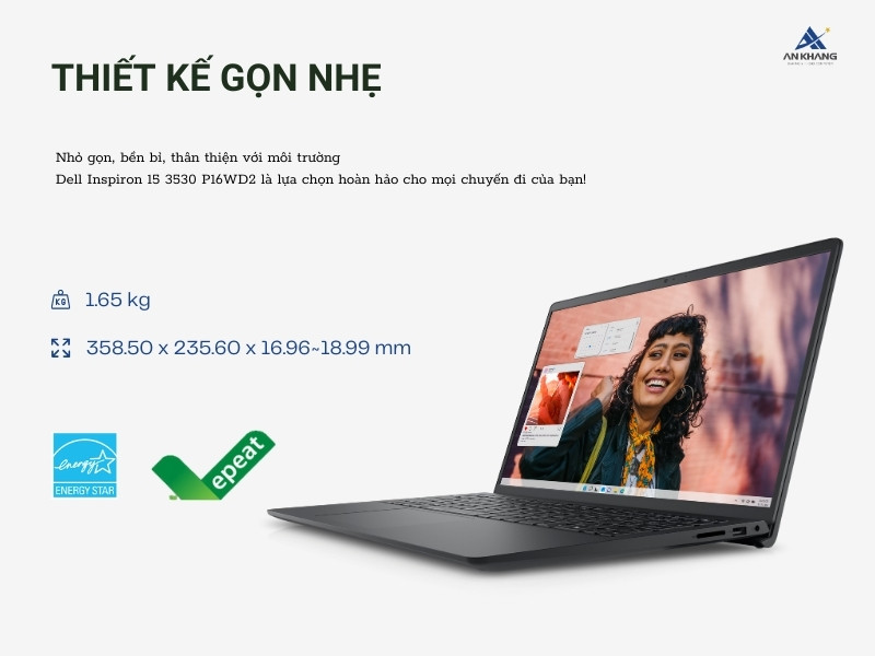 Dell Inspiron 15 3530 P16WD2 sở hữu thiết kế gọn nhẹ, bền bỉ, thân thiện với môi trường