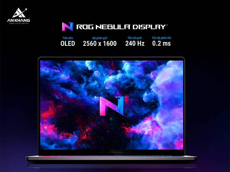 ASUS ROG Zephyrus G16 sở hữu m&agrave;n h&igrave;nh 16 inch 2.5K ROG Nebula OLED sống động, ch&acirc;n thực kh&ocirc;ng chỉ phục vụ gaming m&agrave; c&ograve;n ph&ugrave; hợp cho s&aacute;ng tạo nội dung v&agrave; thiết kế