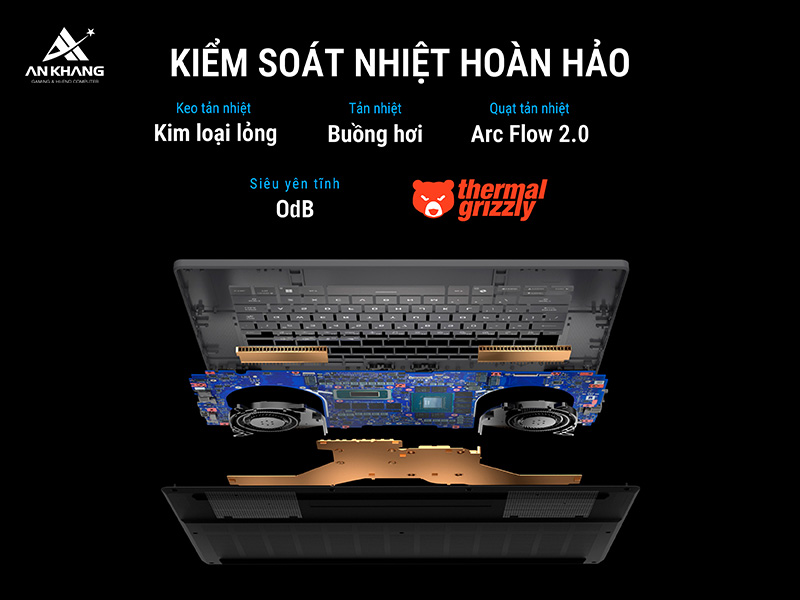 Ngo&agrave;i cấu h&igrave;nh mạnh mẽ, laptop ASUS ROG Zephyrus G16 c&ograve;n đảm bảo hiệu suất ổn định l&acirc;u d&agrave;i với hệ thống tản nhiệt ROG Intelligent Cooling
